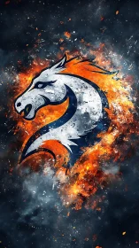 Fiery abstract horse emblem bursts through dark smoke.