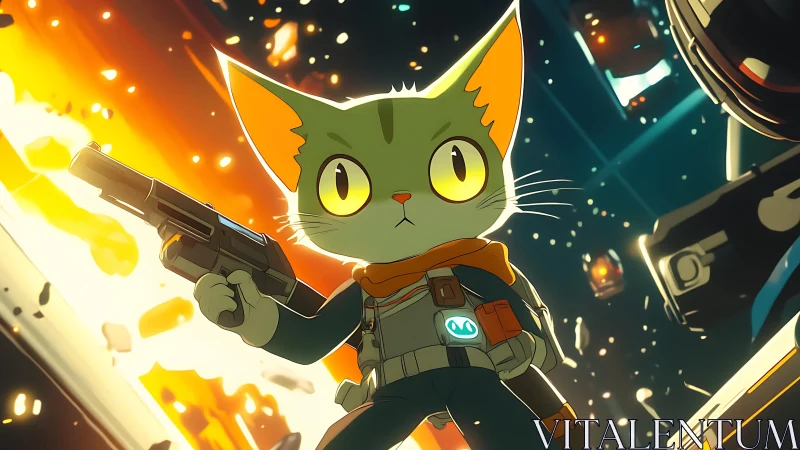 Space cat hero holds blaster amid bright explosion.