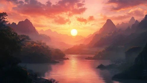 Vivid sunset over misty river valley and sharp mountains.