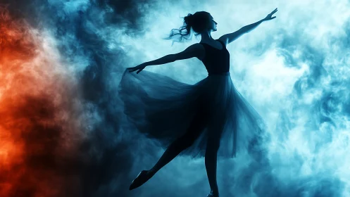 Silhouette ballerina dancing between red and blue smoke.