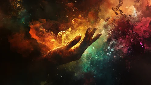 Starlit fingers stir a nebula of molten color and memory