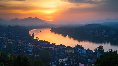Riverfront city glows under vivid orange sunrise sky
