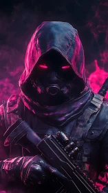 Masked futuristic soldier with neon smoke background.
