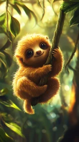 Sunlit baby sloth swinging softly through a glowing jungle.