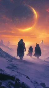 Three robed figures cross icy terrain under large planet