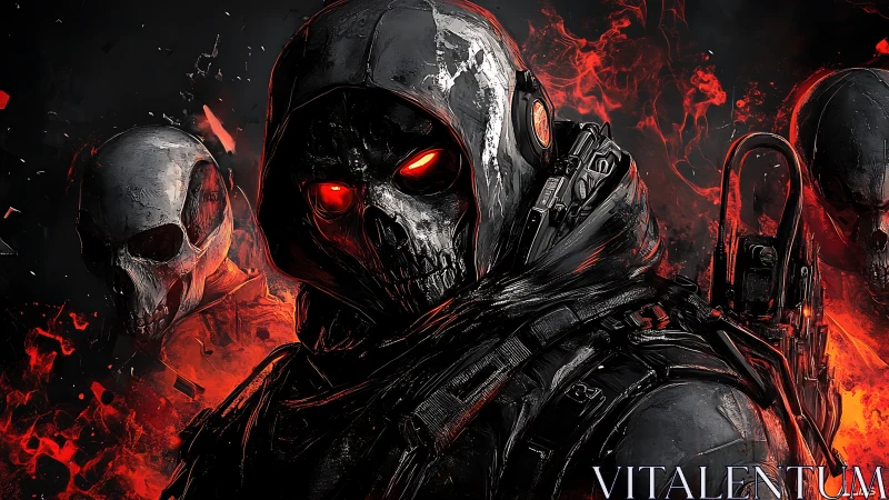 Hooded skeletal soldier stands amid red flames and smoke