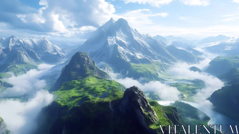 Sunlit alpine peaks rise above emerald valleys and clouds.