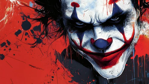 Sinister clown portrait in high-contrast splatter style.