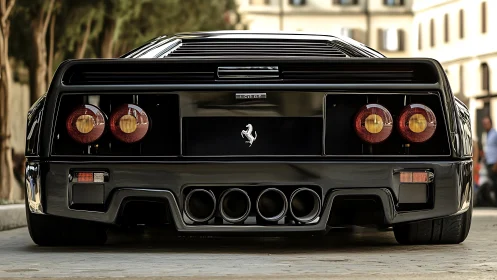 Rear view of black Ferrari sports car in urban street.