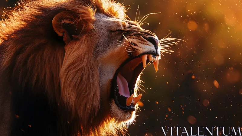 Roaring lion side profile catches golden backlight spray