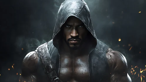 Muscular hooded warrior rendered with cinematic lighting and smoke