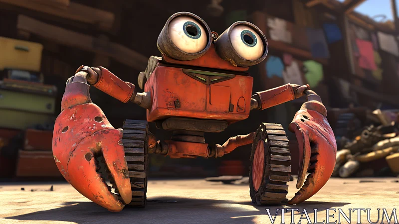 Cartoon crab-like robot with claws in junkyard scene.