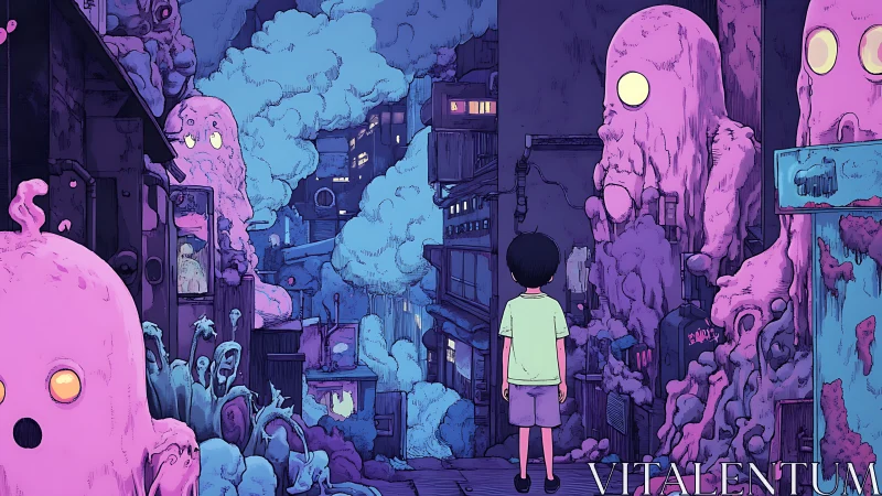 Child confronts bioluminescent ooze forms in neon alleyway scene