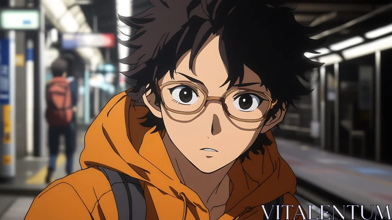 Young commuter with glasses on subway station platform.