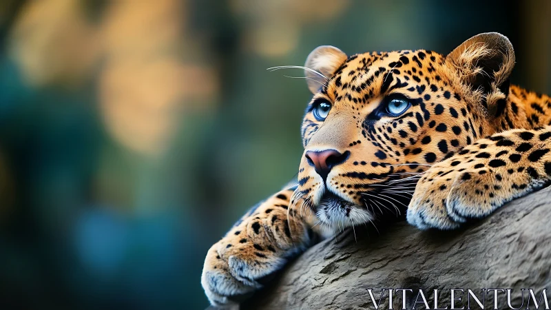 Leopard resting on log with shallow depth of field background.
