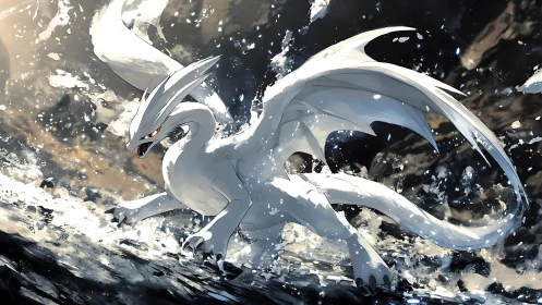 Aerodynamic white dragon lunging through splashing icy debris field