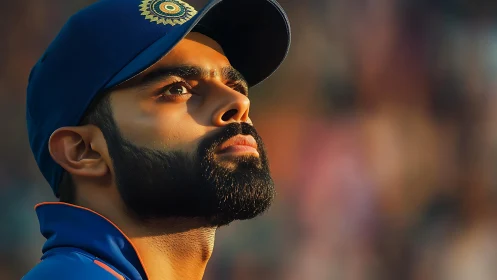 Cricket player portrait under warm stadium sunset light.