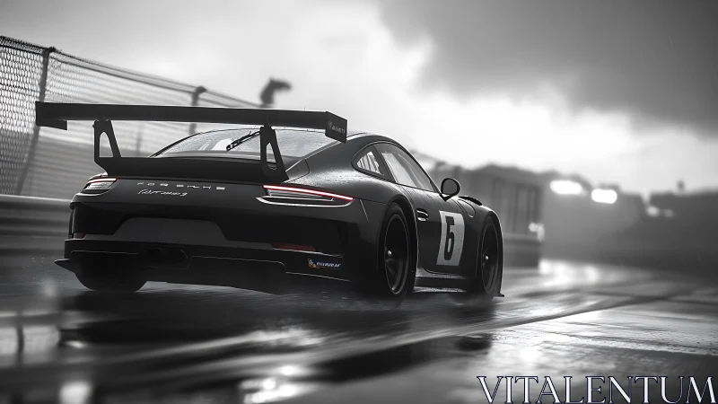 GT race car powers through wet circuit in dramatic monochrome.