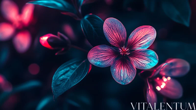 Neon-lit flower macro glows with cyan magenta contrast.