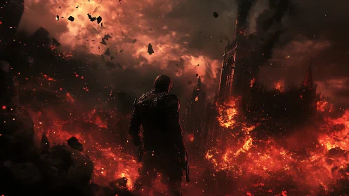 Solitary Warrior Amid Apocalyptic Inferno.