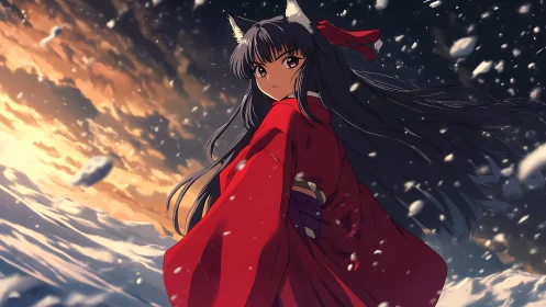 Fox-eared girl in red kimono walks through swirling snow.