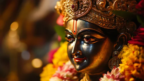 Gilded Hindu goddess bust with floral garland and warm bokeh