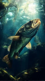 Largemouth bass ascends through luminous freshwater currents.