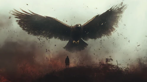 Giant raven rises from smoky ruins above a lone wanderer