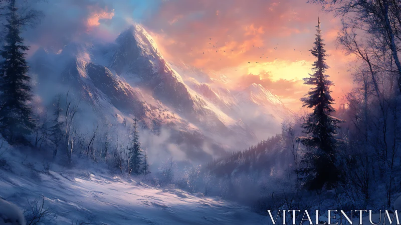 Snow-covered mountain valley under diffuse sunset light.