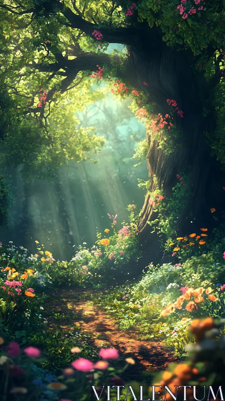 Bioluminescent Forest Canopy with Flowering Vines and Volumetric Light Rays