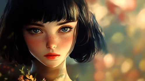 Digital portrait shows stylized young woman with short dark hair