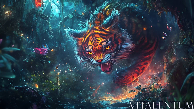 Digital tiger rendering advances through illuminated forest scene