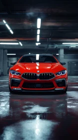 Scarlet BMW prowls a neon-lit parking lair with cold intent.