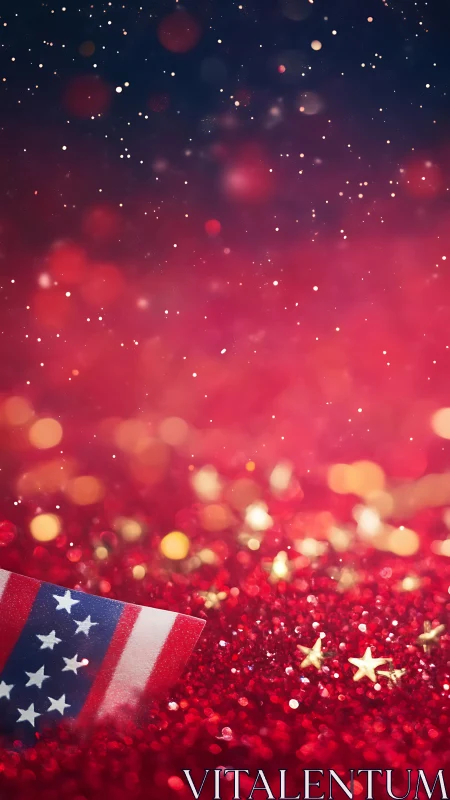 Patriotic glitter background shows US flag and golden stars