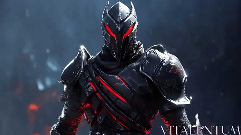Dark cyber knight stands in glowing red armored silhouette.