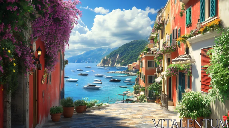Coastal Mediterranean street with boats and terraced hills.