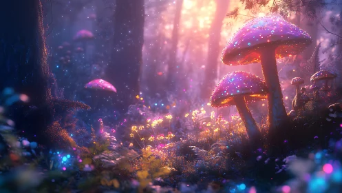 Glowing mushroom grove beneath dreamy forest twilight.