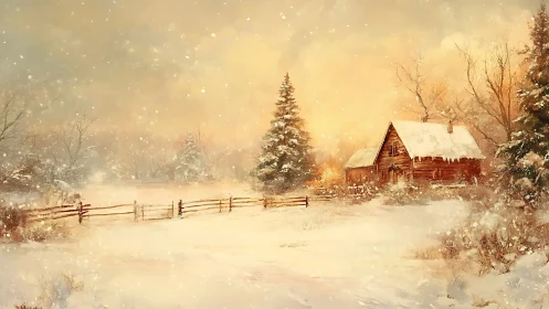 Snowy cabin glows under golden winter sunset snowfall.
