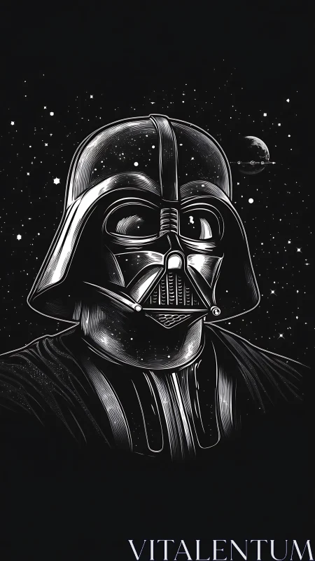 Monochrome sci‑fi villain portrait rendered in high‑contrast ink