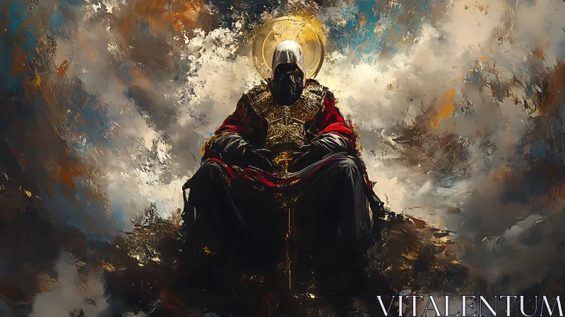 Seated robed figure occupies central throne amid clouded field