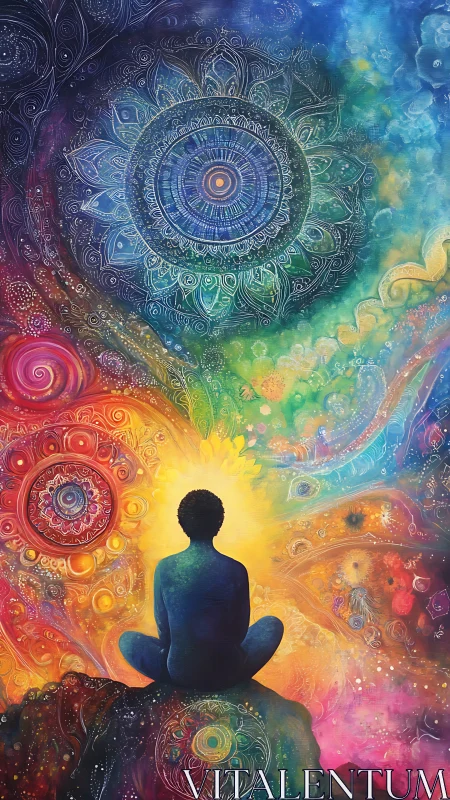 Meditating figure opens a radiant portal of cosmic mandalas