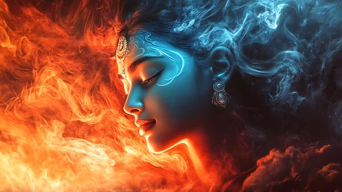 Serene elemental goddess rests between swirling fire and ice