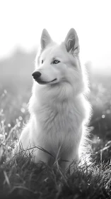 High-key monochrome portrait of arctic-coated canine subject.