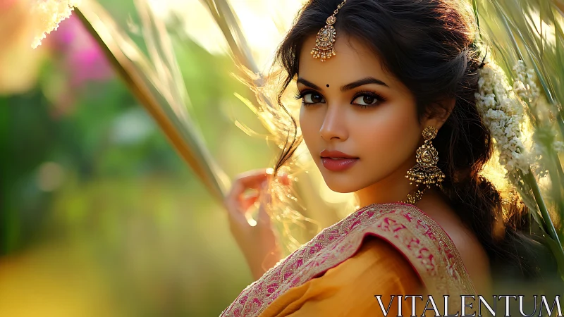 Portrait of woman in golden sari with ornate jewelry outdoors