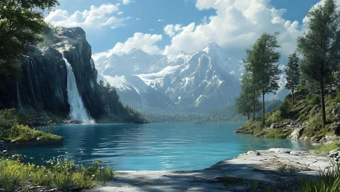 Glacial cascade and alpine lake under volumetric daylight rendering.