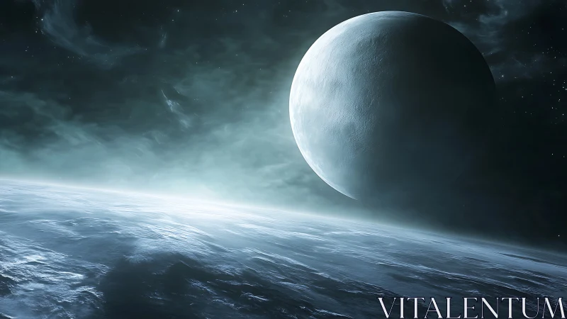 Icy alien horizon with large crescent planet in view.