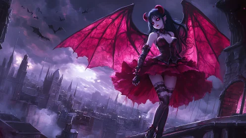 Winged demon girl overlooking dark fantasy city skyline.