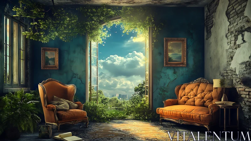 Overgrown interior lounge with open archway to city view.