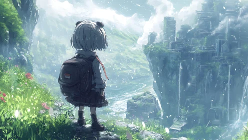Young traveler overlooking verdant cliffside ruins at dawn.