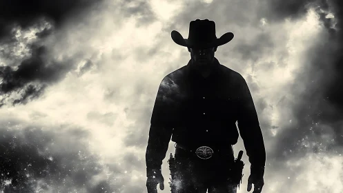 Silhouetted cowboy gunslinger stands against high-contrast storm clouds